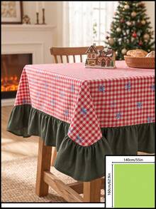 1pc Red & White Classic Small Plaid Blue Bow Print Tablecloth, Traditional Country Style Rectangular Green Leaf Edge Pleated Detail Stain-Resistant Protective Table Cover, Suitable For Christmas Family Gathering And Winter Holiday Dining Room Decor - Red - View 21