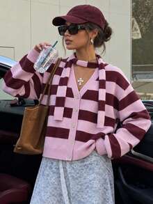 Áo cardigan len nữ cổ chữ V kẻ sọc hồng nâu, tay dài, chi tiết dệt gân, kèm khăn quàng, co giãn vừa, kiểu chui đầu - Nâu hồng - Xem 1