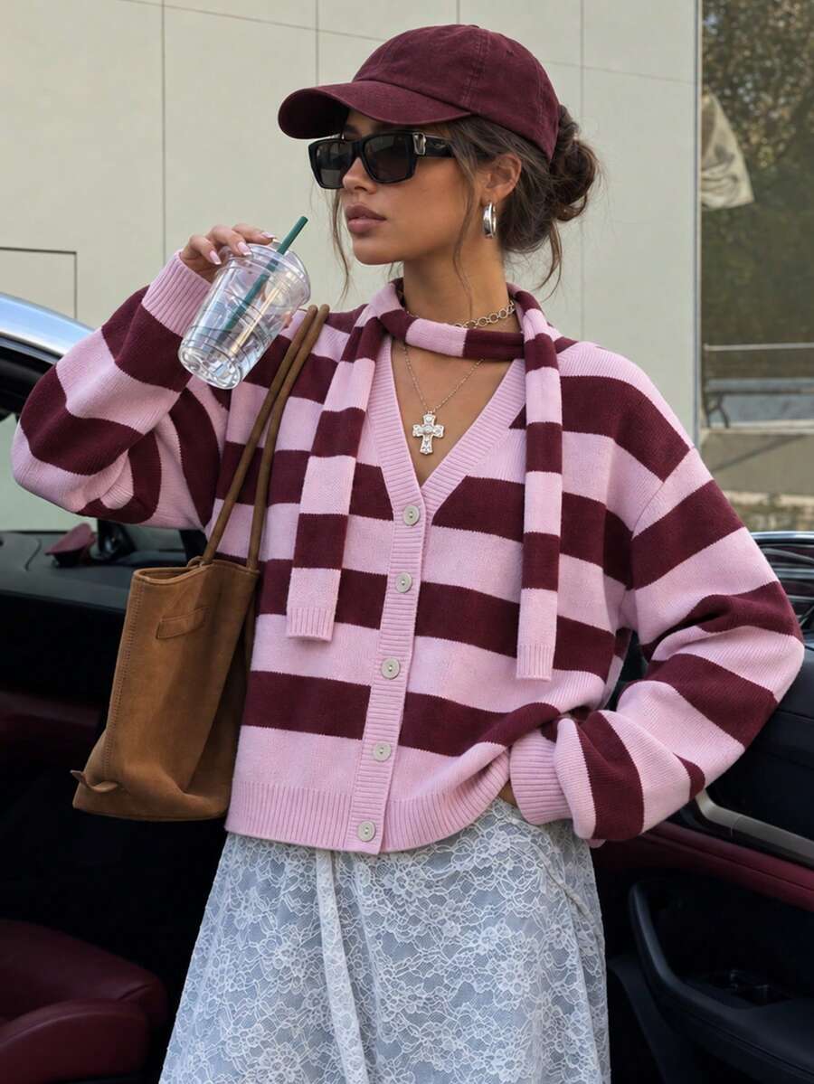 Áo cardigan len nữ cổ chữ V kẻ sọc hồng nâu, tay dài, chi tiết dệt gân, kèm khăn quàng, co giãn vừa, kiểu chui đầu - Nâu hồng - Xem 1