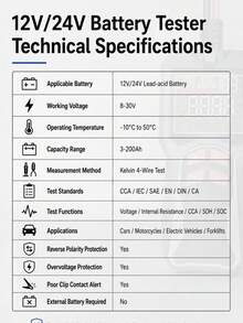 1pc 12V 24V Lead-Acid Battery Tester 8-30V 3-200Ah Digital Car Battery Analyzer With CCA, Internal Resistance, Voltage, Capacity And Battery Health Test, Suitable For Cars, Motorcycles, Electric Bicycles And Engineering Vehicles - Multicolor - View 12