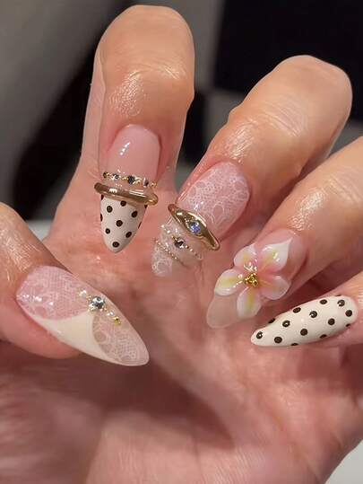 DANArtlux 24pcs Medium-Long Almond-Shaped Press-On Nails, Autumn/Winter French Style Fake Nails, Nude Pink White Polka Dot Lace 3D Flower Bow Rhinestone Design, Luxury Elegant Manicure Sticker Set, Includes Jelly Glue And Nail File, Suitable For Women's Wedding Party Date