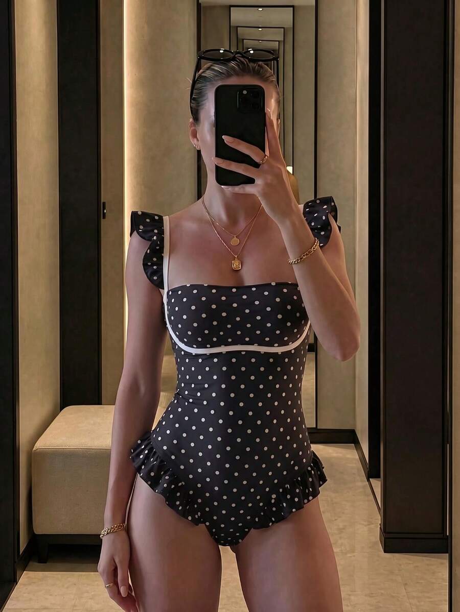 新款性感夏季黑白波點高彈力休閒海灘度假約會派對女款一件式細肩帶泳衣 - 彩色 - 查看 1