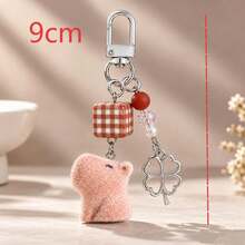 1pc/2pcs Women's Cartoon Flocked Capybara Hanging Ornament With Plaid Square Beads, Hollow Four-Leaf Clover Pendant Keychain, Cute Bag Charm Wallet Accessory - Multicolor - View 3