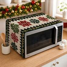 2DFLAT 1PC Polyester Pixel Snowflake Embroidered Microwave Dust Cover, Beige Base With Winter Holly Berry Red & Green Retro Christmas Kitchen Oil-Proof Cover Cloth - Multicolor - View 6
