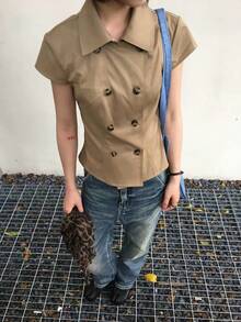 DEEKA Autumn New Women's European And American Style Fashion Minimalist Versatile Solid Color Lapel Double-Breasted Waist-Cinching Shirt - Khaki - View 3
