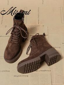 Fall/Winter 2025 Spring/Autumn New European Boots, Women's Chunky Heel Short Ankle Boots - Brown - View 2