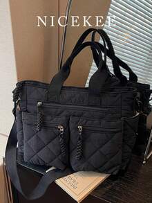 Large Capacity Tote Bag, 3D Quilted Diamond Pattern, Multi-Zipper Pocket Design, Relaxed Casual Style, Black Lightweight Crossbody Handbag, Suitable For Work Commute, Campus Study, Short Trips, Grocery Shopping, Minimalist Versatile Practical Shoulder Bag - Black - View 2