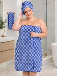 1pc/2pcs - Checkerboard Pattern Bath Towel & Hair Drying Cap, Bath Towel Size 90*170 Cm, Matching Checkerboard Pattern Hair Drying Cap, Soft And Thick, Quick-Drying. Classic Checkerboard Appearance, Skin-Friendly Fabric, No Shedding. Multiple Colors Available, Home Bathing, Combining Aesthetics And Practicality. - Multicolor - View 3