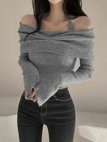 Off-Shoulder Long Sleeve Top Niche Design Slimming Short Cropped Halter Neck Sweater - Medium Gray - View 5