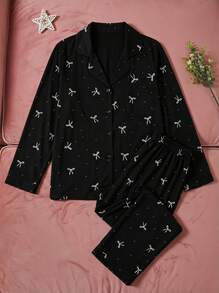 Joivida 2pcs Women Loose Comfortable Breathable Long Sleeve Top And Long Pants Pajama Set - Black - View 6