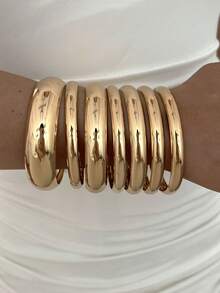 7pcs Multi-Layer Stackable Fashion Minimalist Elegant Exquisite Vintage Design Metal Polished Plain Geometric Round Chunky Bangle Bracelet Set, Holiday Vacation Party Date Gift, Daily Commute Wear, Personalized - Yellow Gold - View 3