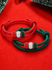 2pcs Christmas Adjustable Knotted Rope Bracelets, Red Green White Rhinestone Beads Wristbands, Holiday Party Decoration Jewelry, Suitable For Men And Women Christmas Gifts - Christmas Woven Bracelet - View 2