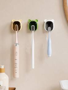 1pc Cartoon Wall Mounted Toothbrush Holder, No Drill Electric Toothbrush Storage Rack With Drain Holes & Dust Cover, Waterproof Bathroom Organizer, Space Saving Toothbrush Stand - Multicolor - View 3