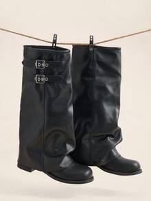 Okurime. Black Leather Buckle Boots, Vintage Pleated High-Top Boots, Flat Slimming Riding Boots - Black - View 1