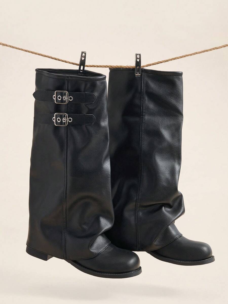 Okurime. Black Leather Buckle Boots, Vintage Pleated High-Top Boots, Flat Slimming Riding Boots - Black - View 1