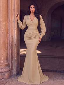 Women's Solid Color Pleated Elegant Waist-Cinching Evening Dress - Champagne - View 6