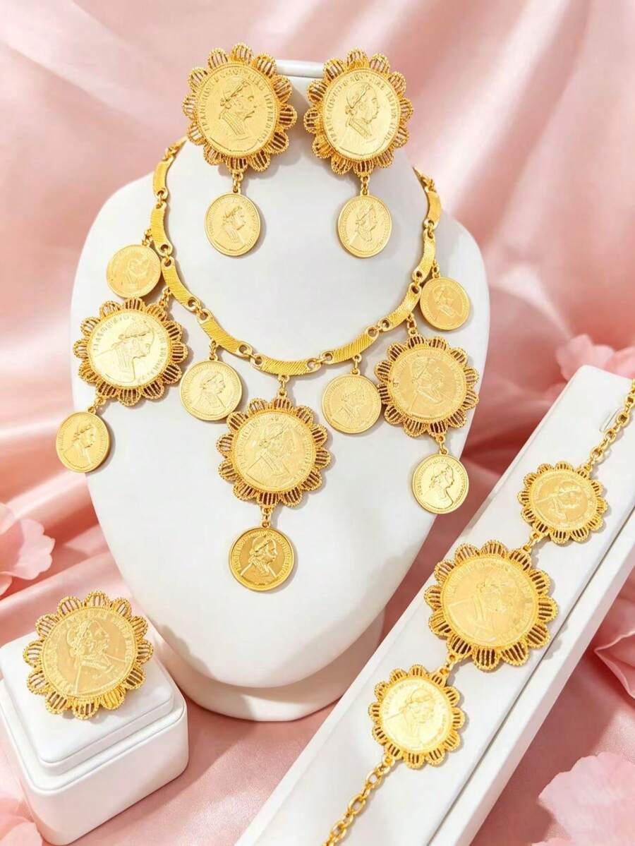1 Necklace, 1 Pair Earrings, 1 Bracelet, 1 Ring Fashion Women's Round Portrait Gold Pendant Jewelry Set 4pcs Middle East Dubai Europe America Africa Bride Wedding Banquet Dress Accessories Dating Valentine's Day Mother's Day Halloween Christmas Holiday Gift Daily Wear - Yellow Gold - View 1