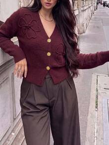 Women's Burgundy V-Neck Long Sleeve Sweater With Gold Buttons, Fashionable Autumn Cardigan, Regular Fit - Burgundy - View 2