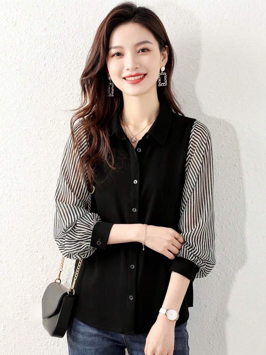 YUXIN Spring & Summer Korean Style Striped Patchwork Blouse, Lantern Sleeve Chiffon Patchwork, Loose Fit, Casual Daily Wear Top For Women