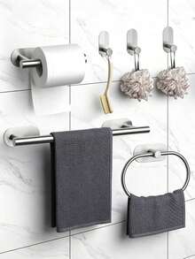 Stainless Steel Bathroom Accessories, Thickened Towel Bar With Towel Ring, Drill-Free Clothes Hook, Toilet Paper Holder, Bathroom Storage Rack, Suitable For Kitchen, Laundry Room - Silver - View 3