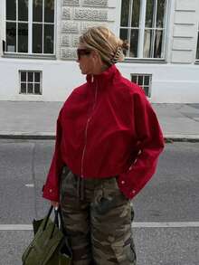 Fashion Plaid Stand Collar Zipper Short Jacket, Casual Loose Long Sleeve Outerwear, Suitable For Autumn - Red - View 6