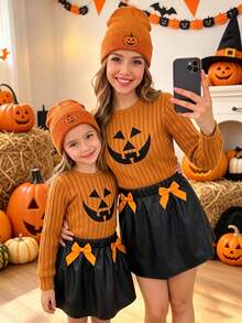 Young Girls Halloween Funny 2pcs Set, Ribbed Knit Orange Ghost Face Embroidered Long Sleeve Sweater With Bow PU Leather Mini Skirt, Fashionable Autumn/Winter - Orange - View 2