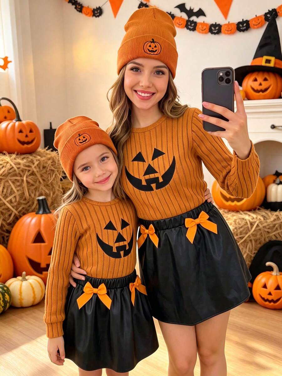Young Girls Halloween Funny 2pcs Set, Ribbed Knit Orange Ghost Face Embroidered Long Sleeve Sweater With Bow PU Leather Mini Skirt, Fashionable Autumn/Winter
