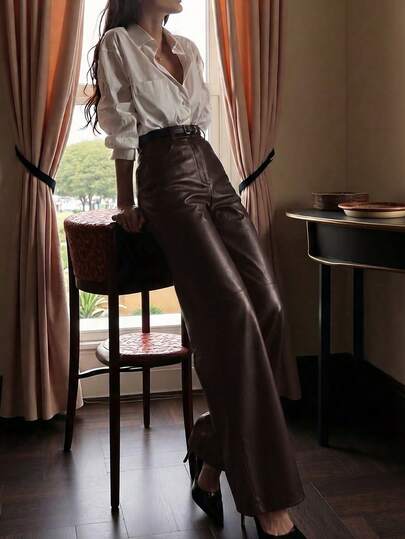 Casual Elegant Commuter Minimalist Daily Business Old Money Style Leather Straight Leg Faux Leather Pants, Casual Women Outfits, Winter Outfit For Women