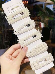 Women's Faux Pearl Hair Clip Set, 5pcs, Fashionable And Cute, Suitable For Fixing Bangs, Elegant Style, Versatile Use For Daily Decoration, Home, Outdoor And Commuting. - White - View 1
