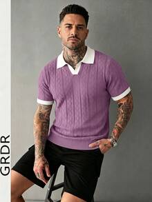 GRDR Men's Knit Short Sleeve Shirt With Contrast Trim Design - Fashionable Casual T-Shirt - Lilac Purple - View 3