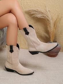 Autumn/Winter Vintage Pointed Toe Mid-Calf Western Boots Women Chunky Heel Polka Dot Versatile Shaft Boots - Beige - View 1