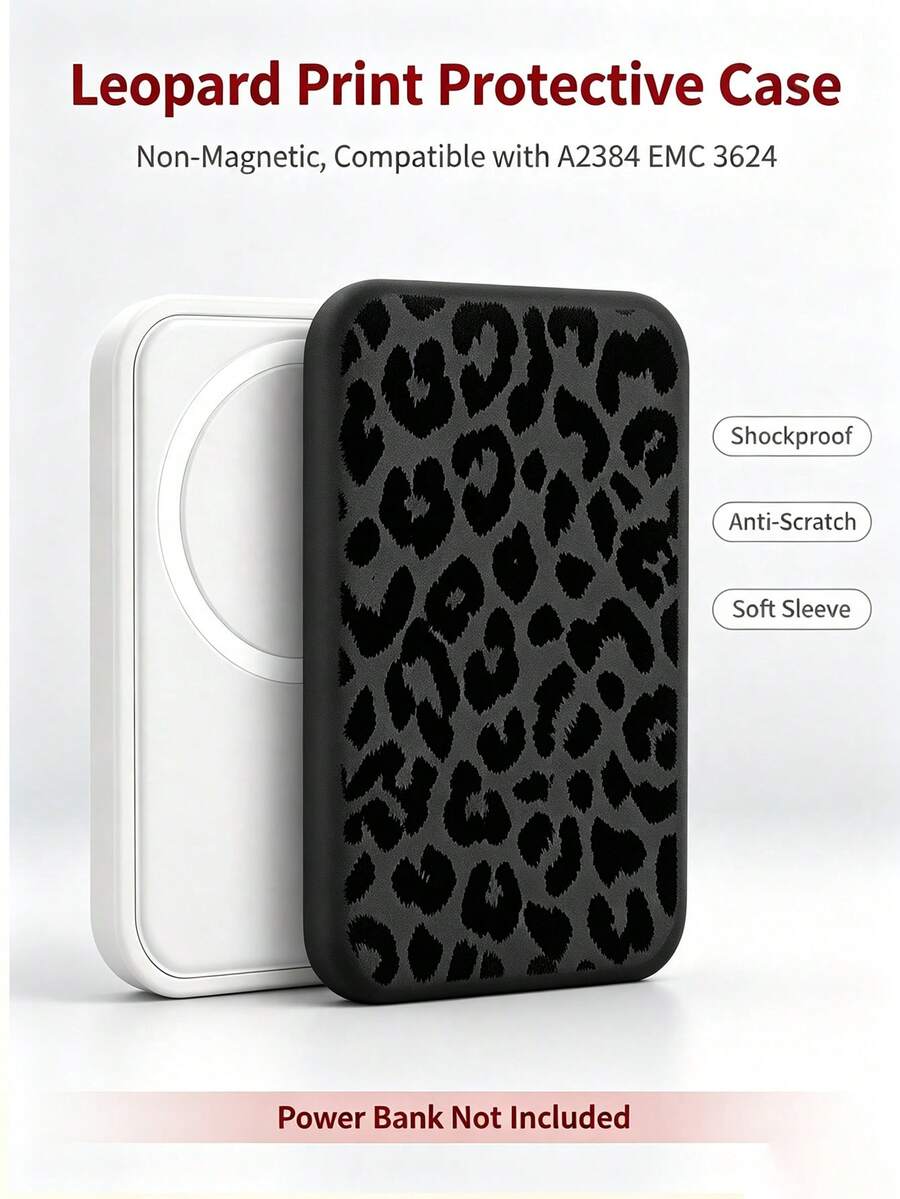 Leopard Print Soft Silicone Protective Case Compatible With A2384 Mag‑ Mobile Power Bank EMC 3624, Non‑Magnetic Shockproof Anti‑Scratch Protective Cover, Portable Power Bank Sleeve Shell, Power Bank Not Included - Black - View 1