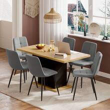 Extendable Dining Table And Chairs Set Of 6, Rectangular Dining Table With Storage Rack And Padded Chairs, Durable Dining Furniture Set Suitable For Dining Room And Kitchen - Wood & Black Table + Grey Linen Chair - View 12