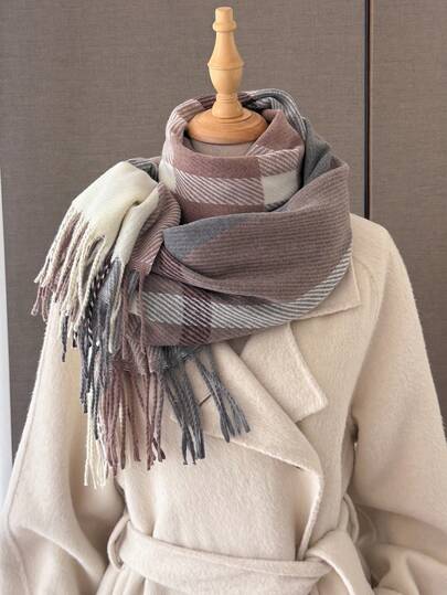 1 Pc Korean Style Women's Unisex Color Plaid Stripe Tassel Faux Cashmere Scarf Shawls Poncho Winter Warm Thick Style Neck Wrap Hijab Pashmina.