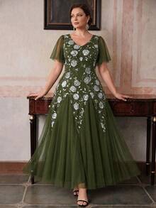 Plus Size Luxury Women's Rose Pattern Sequin Formal Evening Gown, V-Neck Olive Green Formal Mother Of The Bride Dress, Short Sleeve, Suitable For Evening Party - Olive Green - View 3