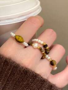 4pcs Women's Artificial Stone & Faux Pearl Beaded Ring Set, Golden Color Accents, Stretch Stackable Rings For Autumn Winter - Brown - View 3