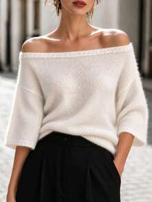 Women's Off Shoulder Fuzzy Knit Pullover Sweater, Regular Fit Rib-Knit Short Sleeve Semi-Sheer Top For Fall - Apricot - View 3