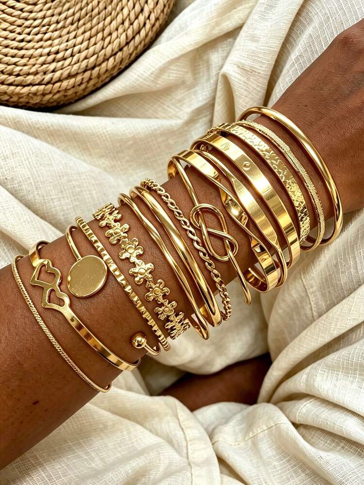 15pcs Vintage Glamorous Old Money Style Knotted Pattern Smooth Gold Bracelet Set, Suitable For Women's Daily Wear, Gatherings, Parties, Vacations, And Gifts - Gold - View 2