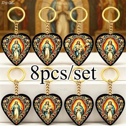 8pcs/2D Flat Virgin Mary Heart-Shaped Keychain Set, Jesus Keychain, Acrylic Material, Vintage Religious Keychain, Key Chain, Gift, Spiritual Gift, Bag Charm, Wallet Car Keychain, Suitable For Daily Life, Holidays, Parties, Baptism, Communion, Church Activities, Confirmation Ceremony, Unisex