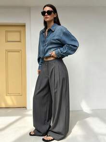 Vertical Striped High-Waist Pleated Wide Leg Suit Pants, Women's Loose Formal Trousers - Grey - View 4