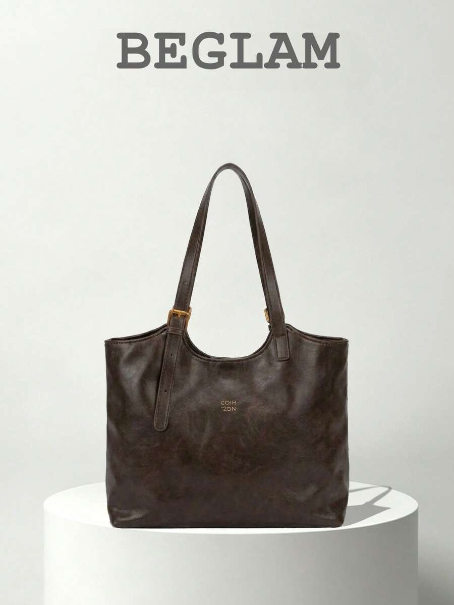 Fashion Solid Color PU Shoulder Tote Bag, Suitable For Women Shopping, Commuting And Daily Use - Coffee - View 1