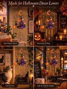 1pc Gothic Halloween Sun Catcher, Black Cat Moon Crystal Window Hanging Decor With Bat And Star Beads, Sunlight Prism Light Capture Decoration, Suitable For Bedroom Window, Witch Style Home Decor - A - View 11
