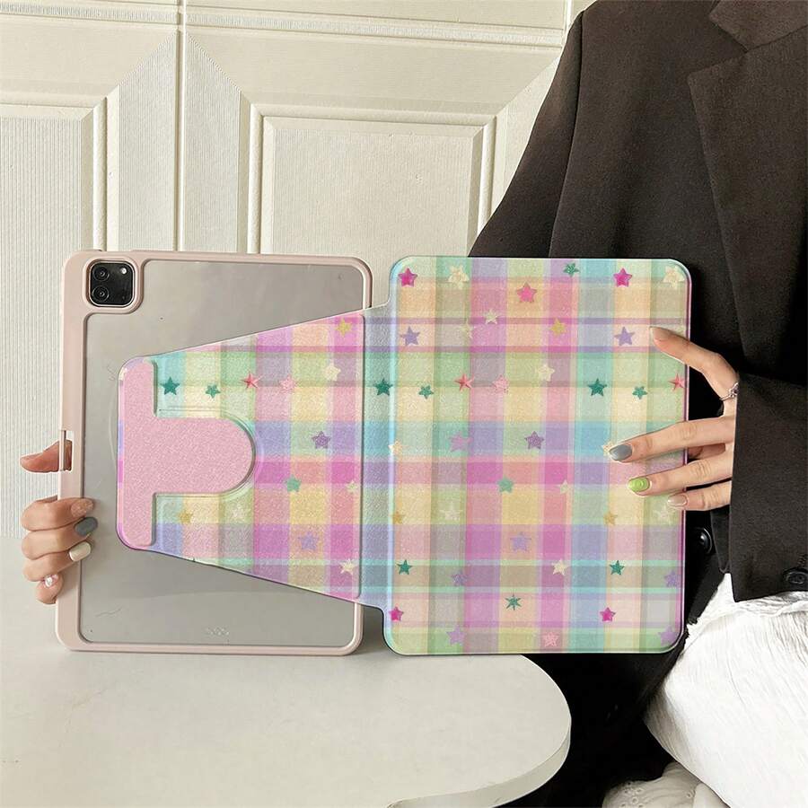 1 buah Casing Tablet Motif Kotak-kotak Pastel Bintang yang Dapat Diputar 360° dengan Sudut Pandang Multi-Angle dan Stand Gaya Buku, Kompatibel dengan iPad A16 2025, Kompatibel dengan Galaxy Tab S9 FE/S8 Plus/S7/S10, Kompatibel dengan Oppo Pad, Kompatibel dengan Matepad, Kompatibel dengan Vivo Pad, Kompatibel dengan Honor Pad, Kompatibel dengan Lenovo Xiaoxin Pad