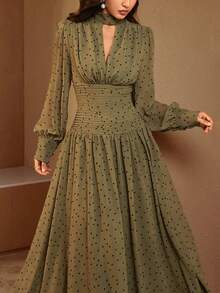 Women's Polka Dot Pleated Casual Party Dress - Army Green - View 4
