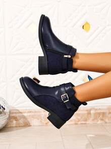 Women's Autumn/Winter Solid Color Dual-Panel Fabric + Metal Buckle Side Zipper Design, Suitable For Daily Commute And Gatherings, Pairs Elegantly With Coats + Skirts, Versatile For Multiple Styles, Comfortable Flat Sole, Suitable For Long-Term Wear, Breathable Fabric Lining, Easy-To-Clean Upper, Fashionable British Autumn Ankle Boots - Navy Blue - View 2