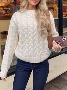 Just Masa Women's Fall Winter Casual Cable-Knit Sweater Tops,Solid Color Round Neck Long Sleeve Rib-Knit Pullover,For Daily Wear,Going Out,Commute - Apricot - View 7
