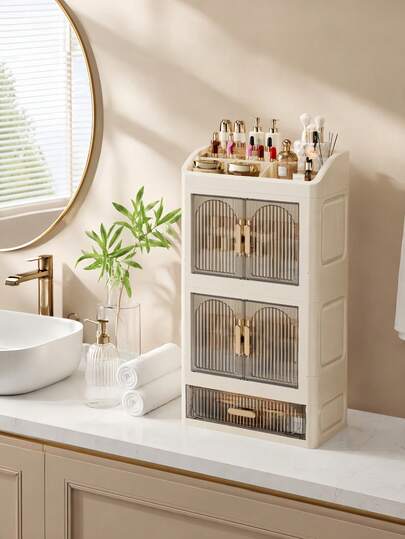 Large Capacity Skincare Storage Cabinet With Drawers And Dust-Proof Design, Countertop Cosmetic Organizer For Lipstick, Perfume, Lotion, Bathroom Vanity Storage Solution, Space-Saving Luxury Transparent Striped Door Makeup Storage Box