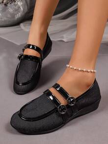 1 Pair Women's Black Mary Jane Wedge Pumps, Double Buckle Shiny Strap Decor, Soft Fabric Material, Round Toe Comfortable Soft Sole, Vintage Commuter Style, Suitable For Office Work Commute Outfit, Autumn New Arrival - Black - View 3