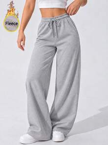 Women's Thermal Lined High Waist Wide Leg Sweatpants With Drawstring Relaxed Fit Casual Lounge Pants For Everyday Wear. - Grey - View 4