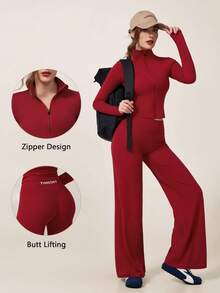 TimeOff Women's One Set Autumn/Winter Solid Color Stand Collar Jacket & High Waist Straight Leg Wide Leg Pants - Burgundy - View 10